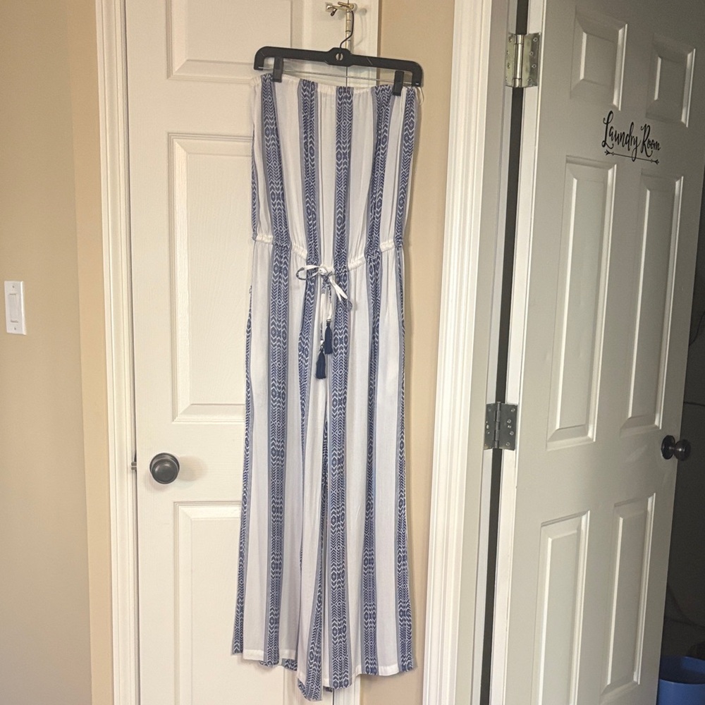 Blue Island Navy and White Strapless Jumpsuit